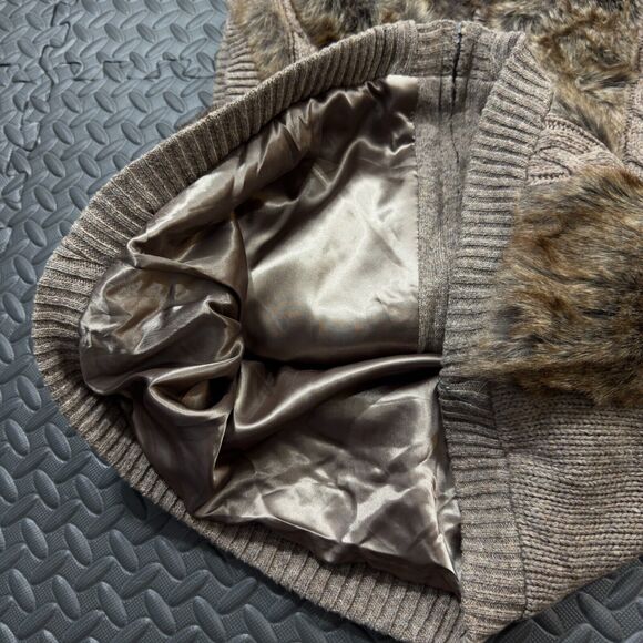 Green Tea Sweater Vest Womens 2XL Taupe Faux Fur Trim Lined Hooded Hand Pockets - Picture 7 of 9